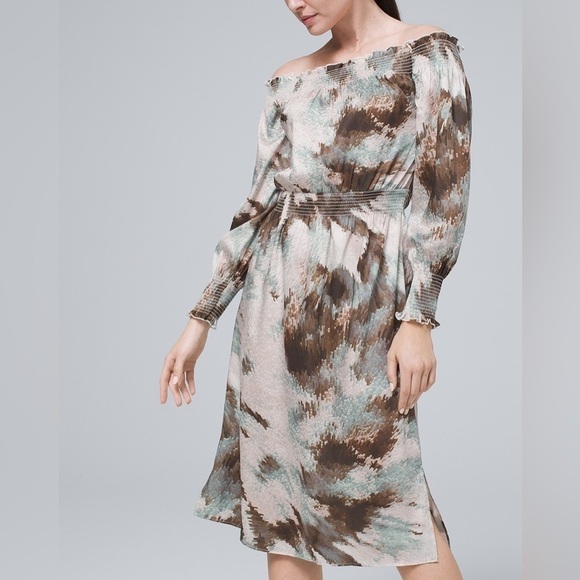 White House Black Market Abstract-Print Smocked Waist Dress Size XS - Picture 1 of 17